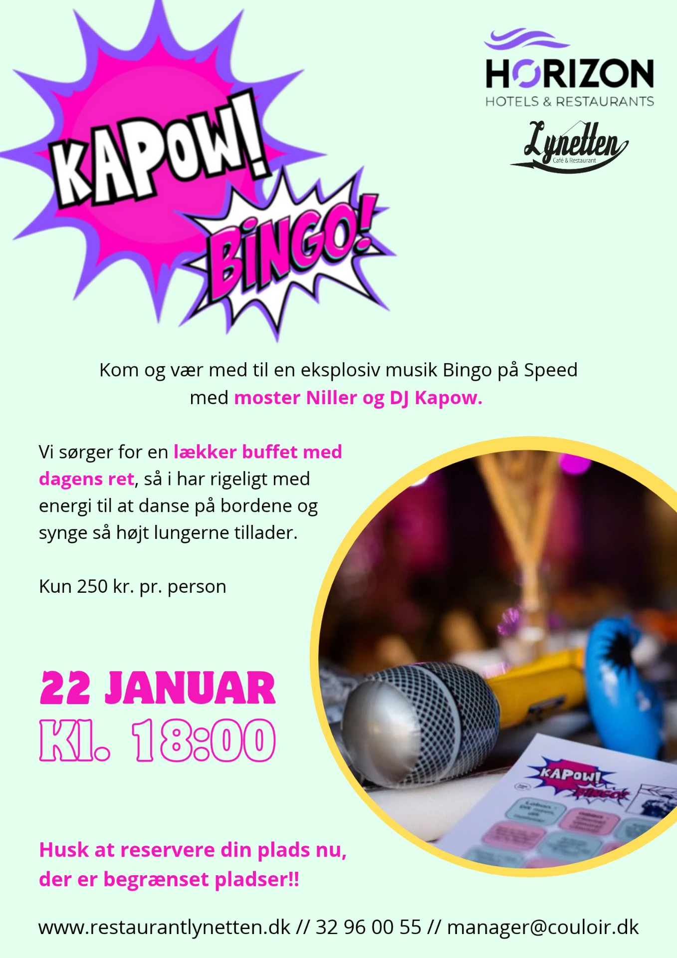 Kapow Bingo flyer — musik-bingo med Moster Niller og DJ Kapow hos Restaurant Lynetten, 22. januar kl. 18:00, 250 kr. pr. person