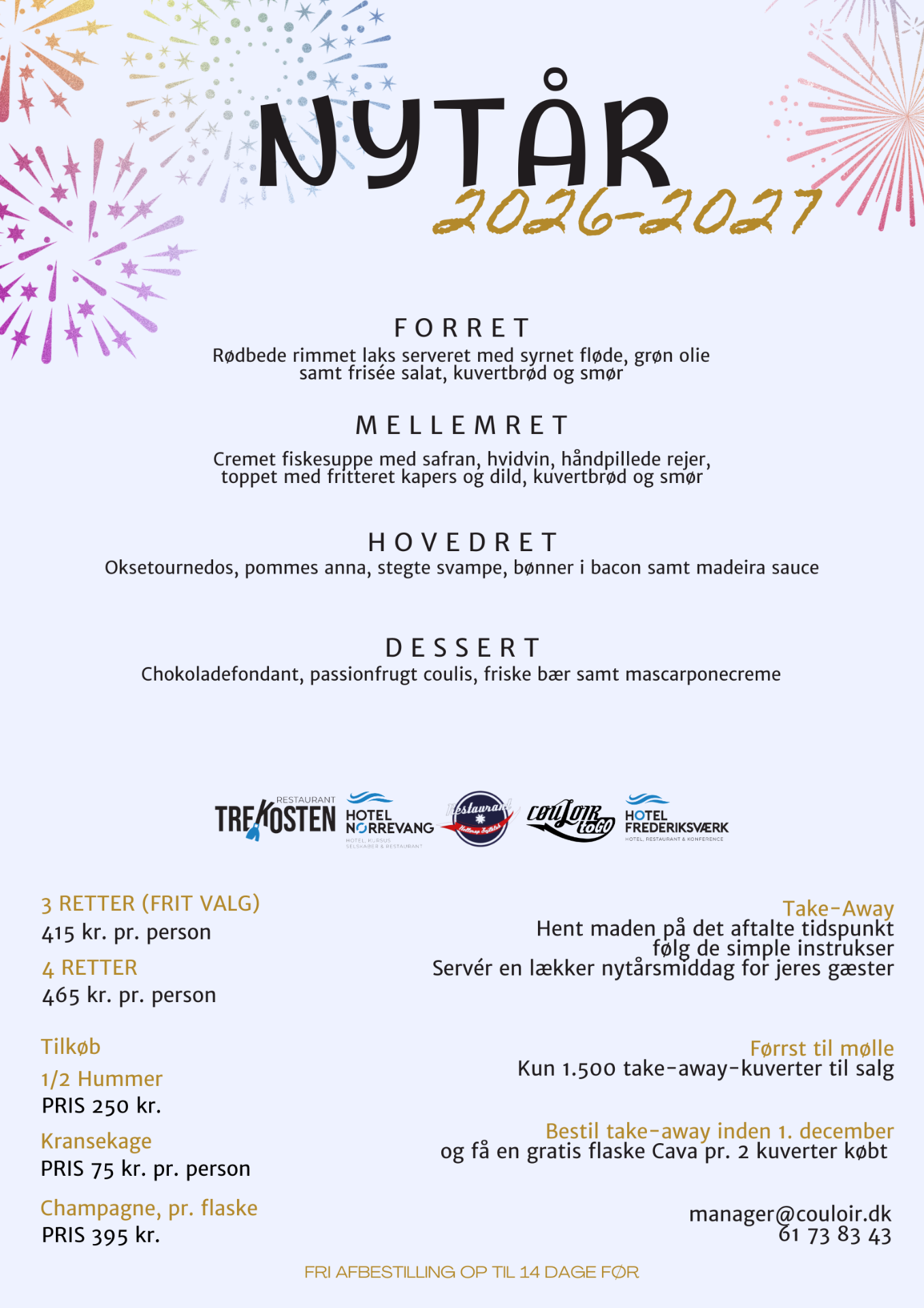 Nytår 2026/2027 takeaway menu — klassisk
